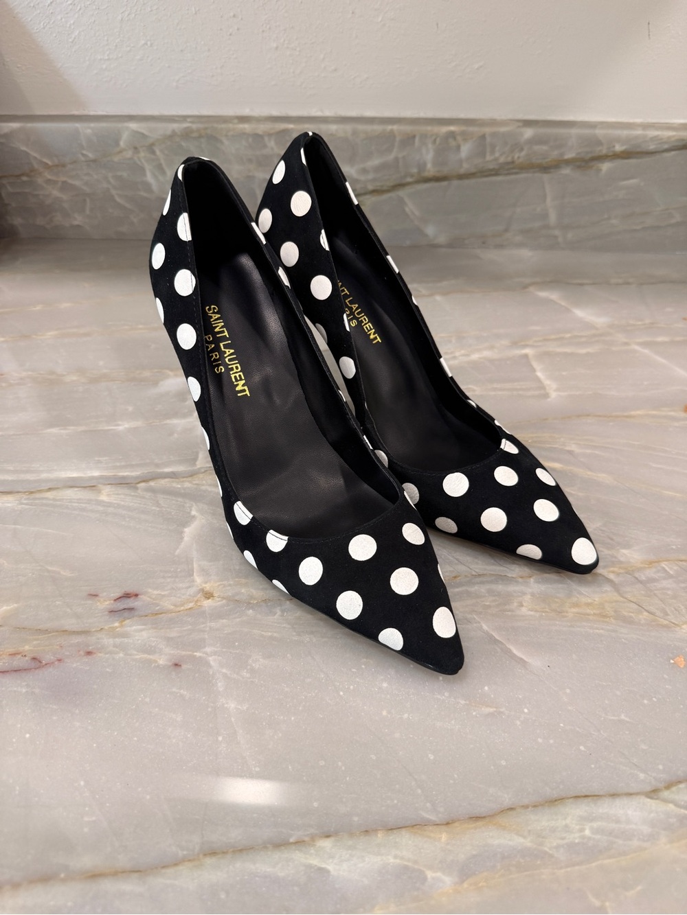 Saint Laurent Black and White Polka Dot Pointed Pumps